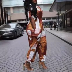 Summer Plus Size Turndown Collar Loose One-Piece Irregular Print Sexy Jumpsuit -Plus Size Dresses Shop 8639696c3c86c281