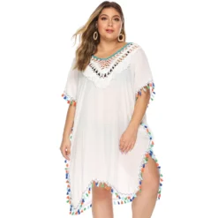 Plus Size Women's Irregular Hook Patchwork Multi-Color Tassel Deep V Sexy Loose Plus Size Beach Cover Up -Plus Size Dresses Shop 864afed6640f4233