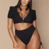 Plus Size Women Solid Zip Half Sleeve Bikini Swimwear -Plus Size Dresses Shop 8662b0814172de06