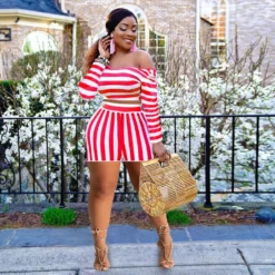 Women's Spring Striped Off Shoulder Long Sleeve Fashion Plus Size Casual Set -Plus Size Dresses Shop 869996d9f5d29132