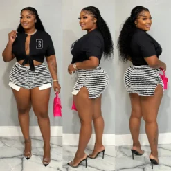 Striped Drawstring High Waist Shorts Sexy Fashion Casual Patchwork Plus Size Pants -Plus Size Dresses Shop 86fdb90ac5a884b8