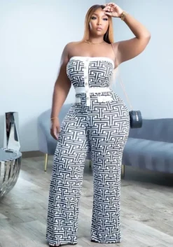Plus Size Women Fake Button Strapless Print Jumpsuit -Plus Size Dresses Shop 86fe7706a068f4f3