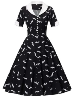 Halloween Witch Bat Print Short Sleeve Button Black And White Turndown Collar Retro A-Line Swing Dress