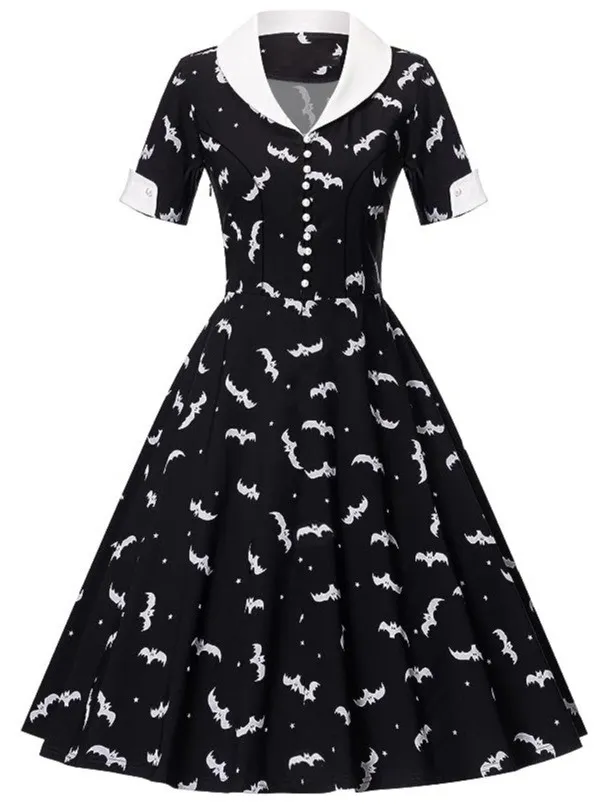 Halloween Witch Bat Print Short Sleeve Button Black And White Turndown Collar Retro A-Line Swing Dress 3 Halloween Witch Bat Print Short Sleeve Button Black And White Turndown Collar Retro A-Line Swing Dress
