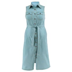 Plus Size Women's Turndown Collar Sleeveless Button Belt Denim Long Dress -Plus Size Dresses Shop 87c4e61d53f2d7f2