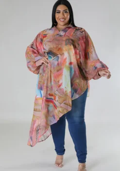 Plus Size Women Long Sleeve Round Neck Sexy Printed Chiffon Top -Plus Size Dresses Shop 87de01fad82e5e20