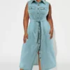 Plus Size Women's Turndown Collar Sleeveless Button Belt Denim Long Dress -Plus Size Dresses Shop 884cfec36d380c73