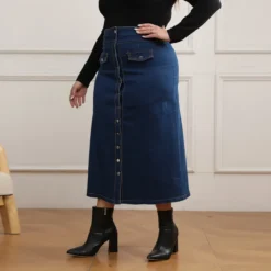 Plus Size Women Denim Button Fake Pocket Skirt
