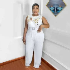 Ladies Round Neck Sleeveless Beaded Casual Loose Pleated Jumpsuit With Belt