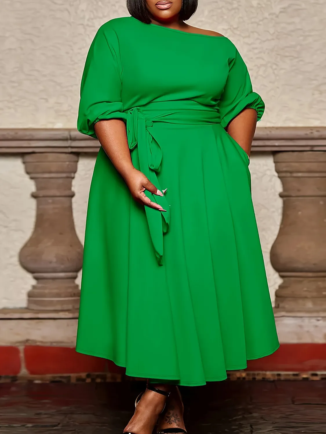 Plus Size Slim Waist Chic Sexy Swing Dress With Belt 6 Plus Size Slim Waist Chic Sexy Swing Dress With Belt - Image 4