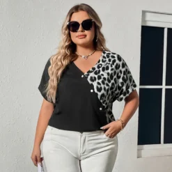 Summer Casual Top Contrast Color Leopard Patchwork Loose Short Sleeve V-Neck Shirt -Plus Size Dresses Shop 89a5f6eb362ae6b7