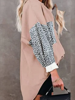 Plus Size Women Shirt Leopard Patchwork Loose Long Sleeve Top
