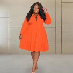 Spring Fall Solid Color Turndown Collar Single Breasted Long Sleeve Plus Size Women's Stylish Shirt Dress -Plus Size Dresses Shop 89e12b9e447ea7a9
