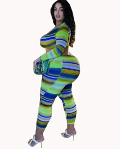 Plus Size Women Sexy Printed Striped Long Sleeve Top And Pants Two-piece Set -Plus Size Dresses Shop 8a0d973d048b966f