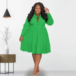 Spring Fall Solid Color Turndown Collar Single Breasted Long Sleeve Plus Size Women's Stylish Shirt Dress -Plus Size Dresses Shop 8a1a1a6d669d03e4