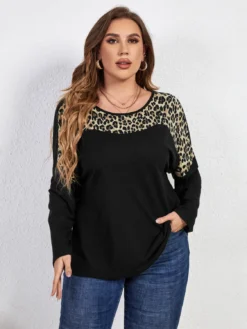 Trendy Chic Leopard Print Long Sleeve Round Neck Plus Size Top Women -Plus Size Dresses Shop 8a28f990d3ad23a9