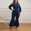 Plus Size Women's Zipper Turndown Collar Long Sleeve Bell Bottom Denim Jumpsuit -Plus Size Dresses Shop 8a4a4cd156991b64