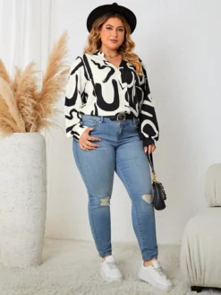 Plus Size Women's Loose Casual V-Neck Top Fashion Lantern Sleeve Printed Shirt -Plus Size Dresses Shop 8a5d96f880c5b6ea