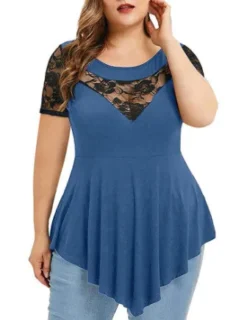 Womens Plus Size Floral Lace Short Sleeve Irregular See-Through Round Neck Women's Top -Plus Size Dresses Shop 8ac165d48a8d8820