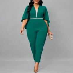 Plus Size Women Sexy Solid Bat Cape Sleeve V Neck Jumpsuit -Plus Size Dresses Shop 8b716cf48df619d2