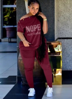 Women Summer Burgunry Casual Slash Neck Short Sleeves Letter Print Button Top Plus Size Two Piece Pants Set -Plus Size Dresses Shop 8bb8ccbfb8e7153c