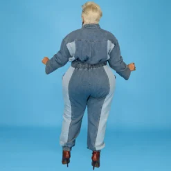 Plus Size Women Denim Wash Color Block Casual Jumpsuit -Plus Size Dresses Shop 8c0b97534f8b88d2