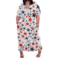 Women's Printed V-Neck Short-Sleeved Loose Pocket Dress