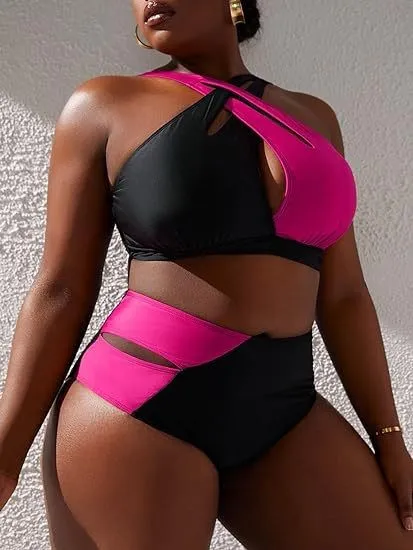 Plus Size Women Color Block Two Pieces Swimwear 14 Plus Size Women Color Block Two Pieces Swimwear - Image 12