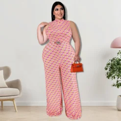 Plus Size Women Clothes Elegant Plaid Stand Collar Sleeveless Wide Leg Jumpsuit -Plus Size Dresses Shop 8e2a62192fb98447
