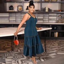 Plus Size Women's Sleeveless Strap Long Denim Dress -Plus Size Dresses Shop 8e392109256d618c