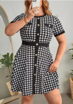 Plus Size Women Houndstooth Print Button Short Sleeve Round Neck Dress 11 Plus Size Women Houndstooth Print Button Short Sleeve Round Neck Dress -Plus Size Dresses Shop 8f61a8626543d6bf