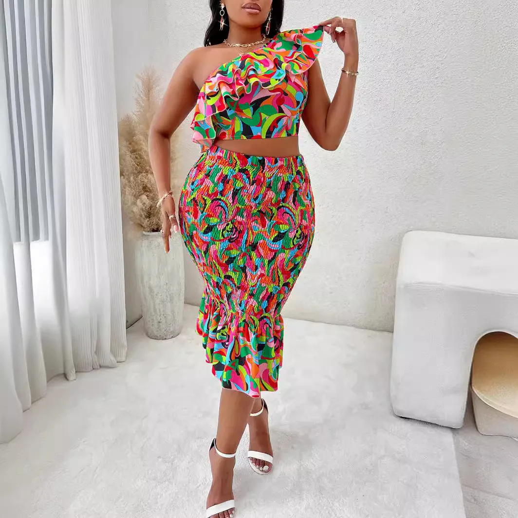 Summer Casual Sexy Women's Print Plus Size Slash Shoulder Ruffled Two Piece Skirt Set 10 Summer Casual Sexy Women's Print Plus Size Slash Shoulder Ruffled Two Piece Skirt Set - Image 8
