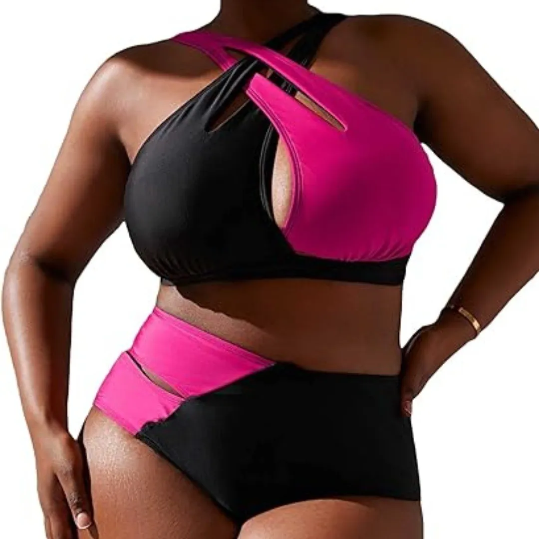 Plus Size Women Color Block Two Pieces Swimwear 6 Plus Size Women Color Block Two Pieces Swimwear - Image 4