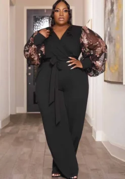 Plus Size Women Summer Mesh Puff Sleeve Wide Leg Jumpsuit -Plus Size Dresses Shop 909baca6e9abe57e
