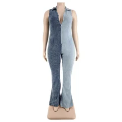 Plus Size Women's Fall Color Block Wash Sexy Denim Jumpsuit -Plus Size Dresses Shop 913c7330bf5195d8