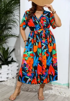 Plus Size V-Neck Printed Dress Beach Holidays Beach Loose Long Dress