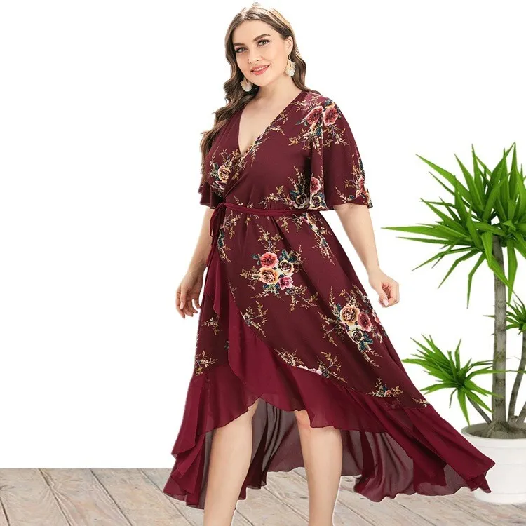 Plus Size Women's Summer V-neck Ruffled Irregular Print Dress 3 Plus Size Women's Summer V-neck Ruffled Irregular Print Dress