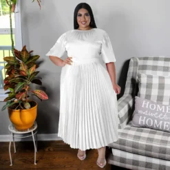 Plus Size Women's Fall Winter Pleated Round Neck Long Dress Short Sleeves -Plus Size Dresses Shop 91f6a9d6c3b8425c