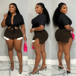 Striped Drawstring High Waist Shorts Sexy Fashion Casual Patchwork Plus Size Pants -Plus Size Dresses Shop 922728db1e60a371