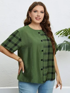 Summer Green Round Neck Plaid Casual Top -Plus Size Dresses Shop 925ab197f84e6238