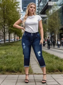 Plus Size Women Summer Ripped Stretch Denim Cropped Pants -Plus Size Dresses Shop 92a0b4983fee90dd