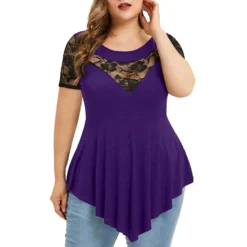 Womens Plus Size Floral Lace Short Sleeve Irregular See-Through Round Neck Women's Top -Plus Size Dresses Shop 92da7c11abcf59d9