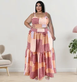 Plus Size Women Clothes Summer Plaid Crop Strap Top Loose Swing Skirt Two Piece Set