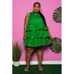 Plus Size Women Summer Solid Button Sleeveless Loose Layered Ruffles Dress