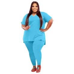 Plus Size Solid Color V-neck Short Sleeve Two Piece Pants Set -Plus Size Dresses Shop 93d24f7fe92ed913