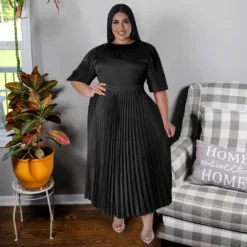 Plus Size Women's Fall Winter Pleated Round Neck Long Dress Short Sleeves -Plus Size Dresses Shop 940ddecdc434200e