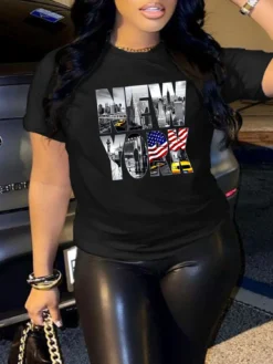 Fashion Casual Women's Graphic Print Round Neck Short Sleeve Plus Size T-Shirt