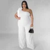 Plus Size Ladies One Shoulder Mesh Wide Leg Pants
