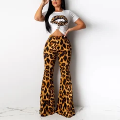 Women'S Sexy Lips Print T-Shirt Leopard Print Bell Bottom Pants Two-Piece Set -Plus Size Dresses Shop 953eafe7244816b7