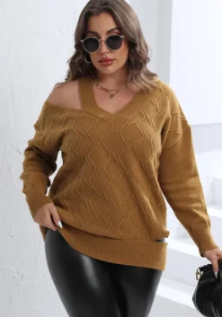 Women's Fall Winter Pullover Tops Plus Size Women's Style Cutout Shoulder Knit V Neck Sweater -Plus Size Dresses Shop 9548aaf965baac9d